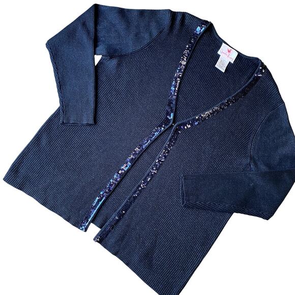 Quacker Factory Women's Black Metallic Ribbed Sequin Open Front Cardigan 1X - Picture 1 of 10